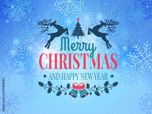 Merry christmas. background winter template with realistic snowflakes and badges design for new year celebration