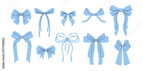 Blue bows clipart set. Elegant pastel ribbons for gift wrapping and festive decoration. Vector illustration.