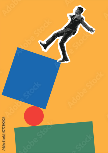 Businessman balancing on geometric shapes representing risk management and stability in modern design concept