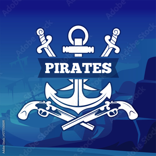 Pirate poster. underwater background and nautical badges for placard template