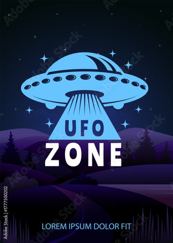 UFO poster. night outdoor background with ufo badges.