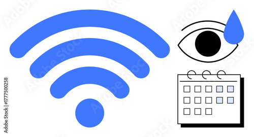 Blue wireless signal, an eye with a teardrop, and a calendar with marked days. Ideal for internet access, surveillance, scheduling, planning, emotional context, online activities simple flat