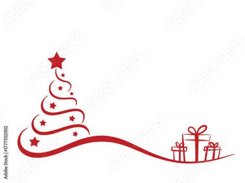 A stylized red Christmas tree with star and gifts on a white background.