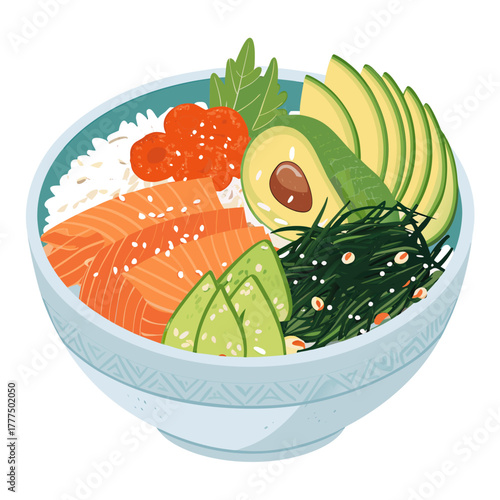 Vector illustration of a fresh salmon poke bowl with avocado and seaweed