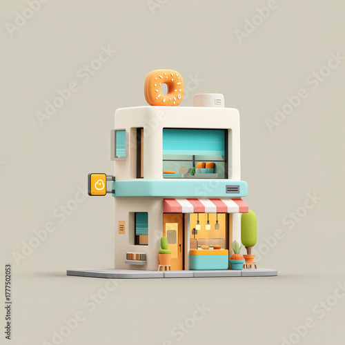 3D render of a tiny minimalist donut shop isolated on a beige background