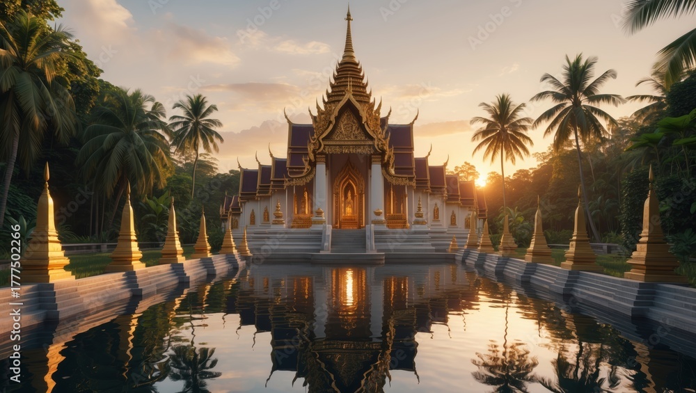 Fototapeta premium Golden Thai Temple Reflecting in Water at Sunset, Exotic Asian Architecture, Palm Trees, Tranquility
