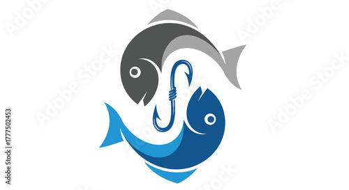 Two stylized fish circle a fishing hook in a yin-yang formation.