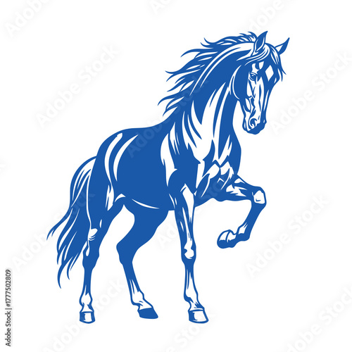 A striking blue silhouette of a horse in mid-rear, with its mane and tail flowing dynamically against a white background.