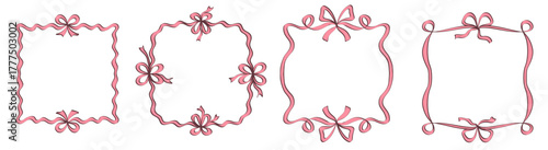 Set of square hand drawn coquette frames with wavy ribbons and bows. Curvy vintage whimsical borders. Great for wedding invitations, birthday card, prints