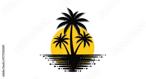 Palm trees silhouetted against a large yellow sun reflected on water.