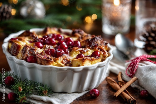 Cranberry Pecan Bread Pudding in white ramekin, topped with cherries and powdered sugar. Concept of cozy, festive setting with warm bread pudding with cranberries and pecans.
