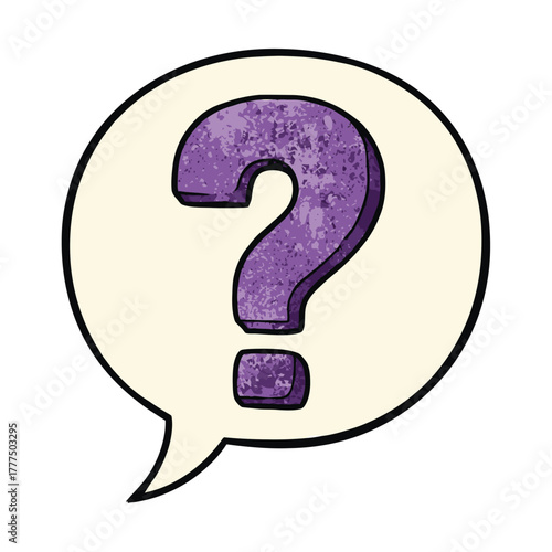 A purple question mark inside a speech bubble, representing a query.