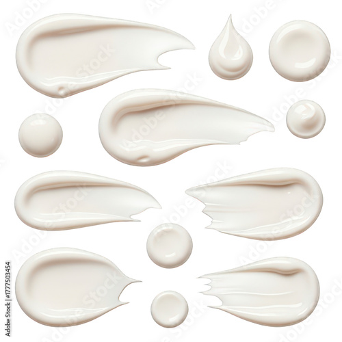 Collection of cosmetic cream swatches and drops isolated on transparent background, showcasing texture and application for beauty and skincare products