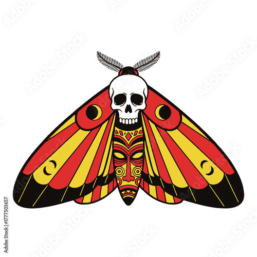 A stylized moth with a skull and tribal mask design on its body.