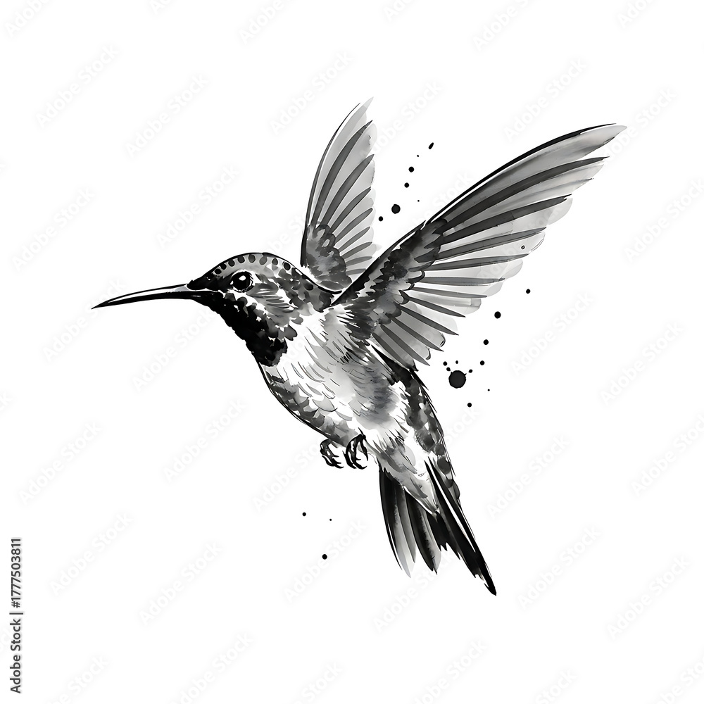 Fototapeta premium Black and White Hummingbird Illustration with Ink Splatter Effect