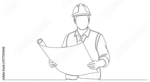 Construction worker in a hard hat holding blueprints while standing outside