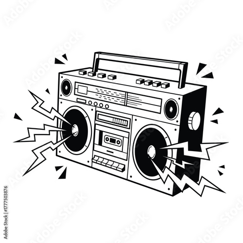A vintage boombox emits sound waves and lightning bolts in a black and white illustration.
