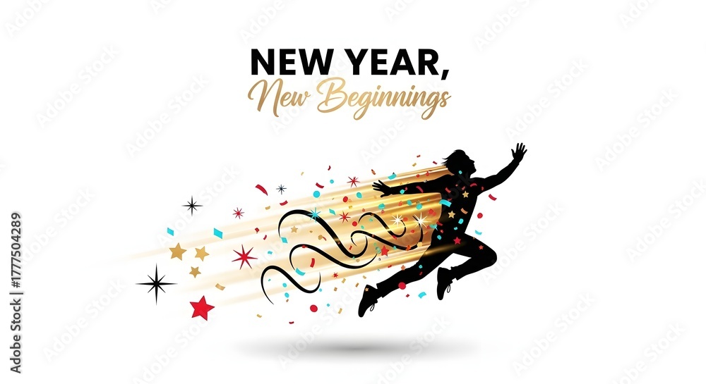 Fototapeta premium New Year New Beginnings Man Leaping Forward Amidst Confetti and Stars