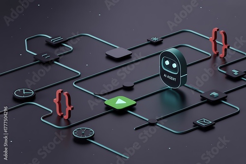 AI Agent Network with Flowchart Symbols and Futuristic Robot Icon artificial intelligence