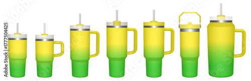 Thermo cup with handle and straw. 14, 30, 40, 64 oz. Travel thermos. Set of yellow and green gradient mugs. Tumbler or quencher