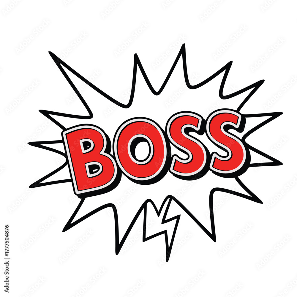Fototapeta premium The word BOSS is written in bold red letters inside a comic book style explosion graphic.