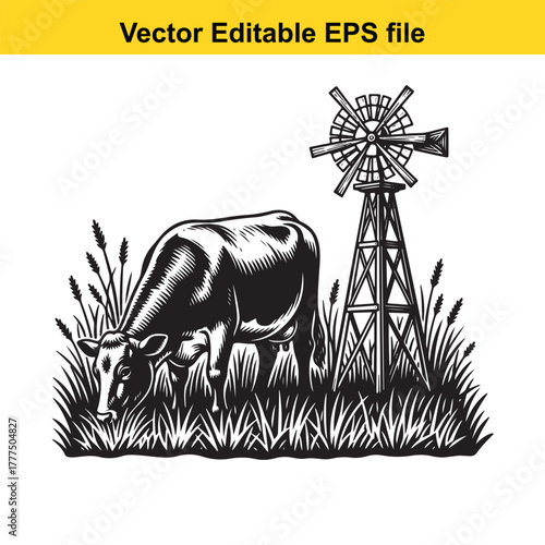 A black and white illustration of a cow grazing in a field next to a windmill, representing rural life and agriculture