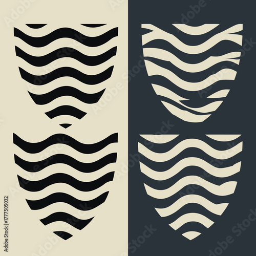 Abstract Wavy Shield Emblems Set with Ripple Patterns. Minimalist Heraldic Crest Icons on Contrasting Backgrounds, Vector Graphic.