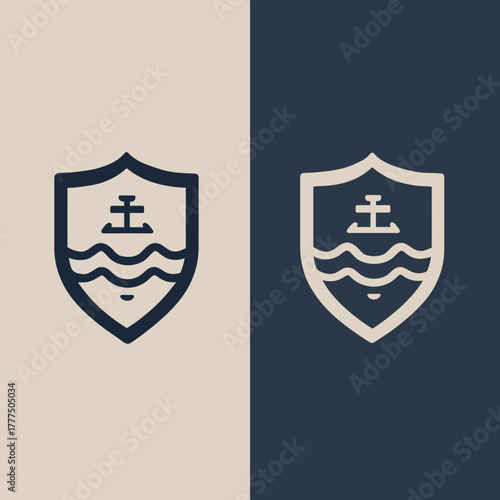 Modern minimalist shield logo with anchor and waves, line art vector graphic design, nautical marine emblem for maritime concepts