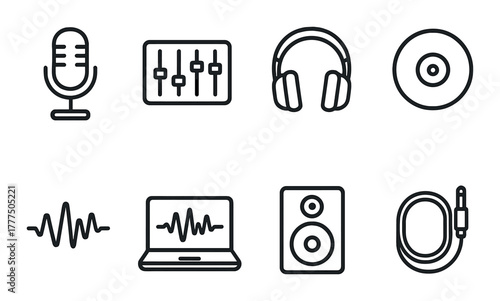 Audio equipment icons set featuring microphone, headphones, soundwave, and more