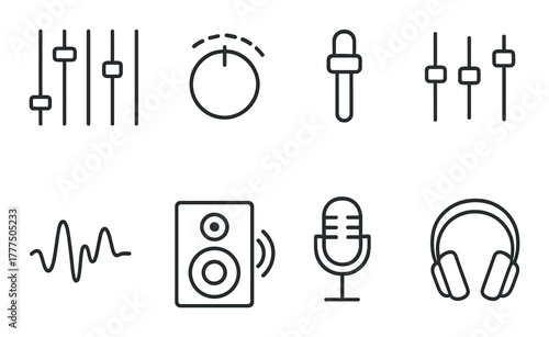 Audio equipment icons: equalizer, microphone, speaker, headphones on black background