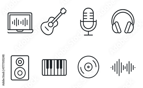 Music icons: microphone, guitar, headphones, laptop, speaker, keyboard