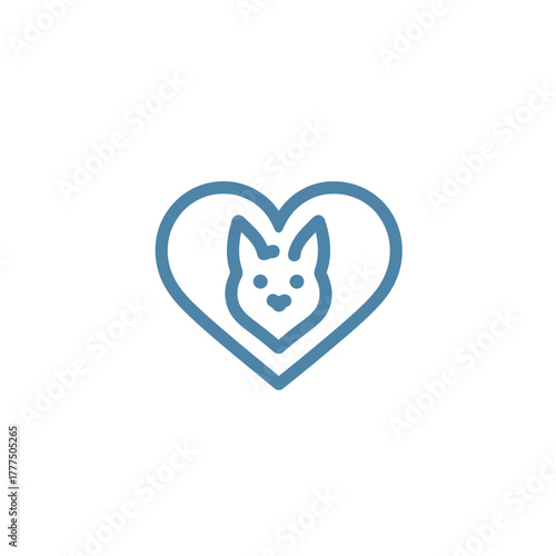 Pet love icon featuring a stylized dog face inside a heart. Simple line art symbol for animal care, adoption, and veterinary.