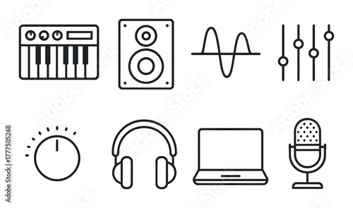 Music production icons set: keyboard, speakers, waveform, mixer, knob, headphones, laptop, microphone