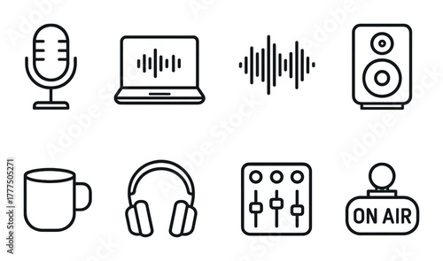 Set of studio icons: microphone, laptop, soundwave, speaker, cup, headphones, mixer, on air