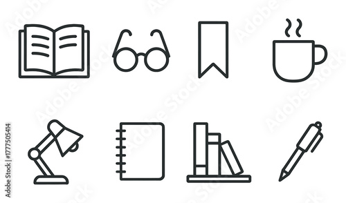 Monochrome study icons: book, glasses, bookmark, mug, lamp, notebook, bookshelf, pen