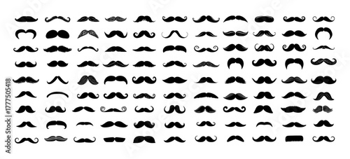 Mustaches black vector set. Different shapes styles vintage retro design gentleman male hair fashion face element accessory isolated silhouette barbershop symbol graphic bundle