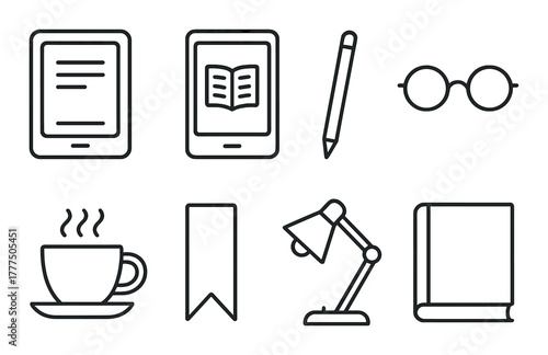 Digital reading icons: tablet, ebook, pencil, glasses, coffee, bookmark, lamp, book