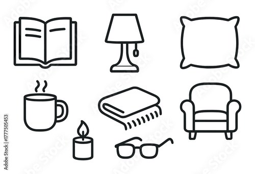 Cozy home essentials: book, lamp, pillow, coffee, blanket, candle, glasses, chair icons