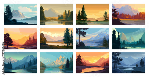 Nature landscape cartoon vector set. Mountains forests sunset sunrise river lake pond highlands cliffs rock boulder stone stream peaks countryside peaceful outdoor scene