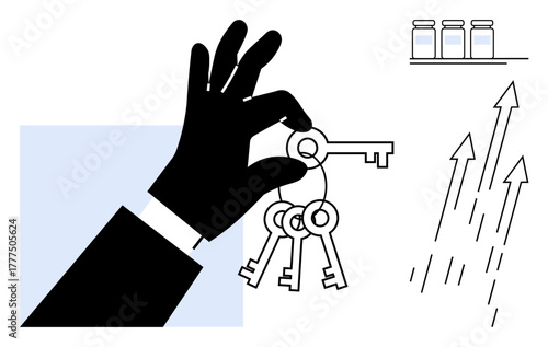 Hand holding keys, growth arrows moving upward, and jars. Ideal for success, opportunity, goals, solutions, wealth, investment potential simple flat metaphor