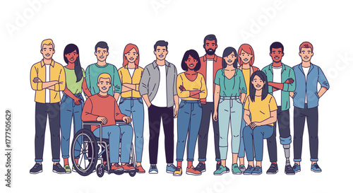 Diverse group of people standing together, representing unity and inclusivity in a community.