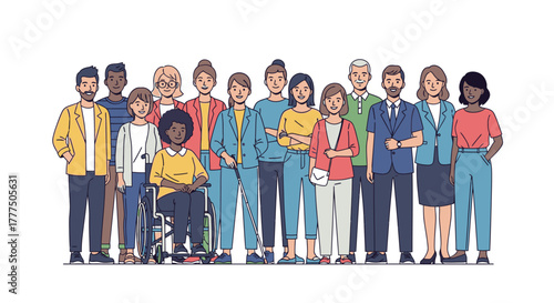 Diverse group of people standing together in a line.