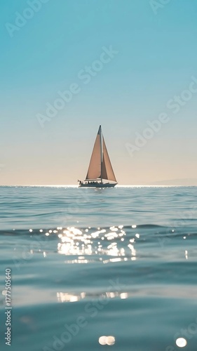 A serene photograph capturing a calm turquoise sea with a solitary sailboat gently floating on the water.
