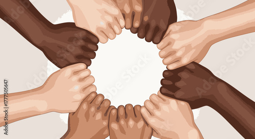 A diverse group of people with different skin tones clasping hands in a circle, symbolizing unity and togetherness.