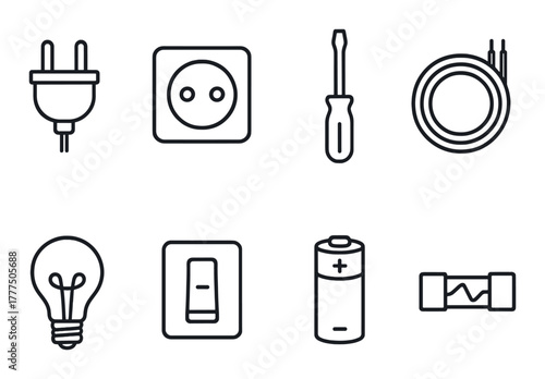 Electrical components and tools icons: plug, socket, screwdriver, wiring, bulb, switch, battery, fuse