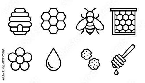 Bee and honey-themed icons set on dark background