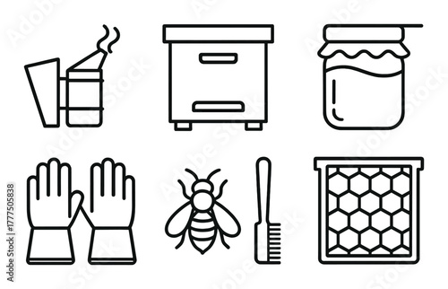 Beekeeping essentials: smoker, hive, honey jar, gloves, bee, comb, honeycomb frame