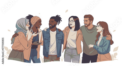 A diverse group of friends standing together, smiling and embracing each other in a show of unity.