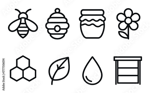 Bee-related icons featuring hive, honey, flower, leaf, and honeycomb designs