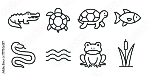 Outlined icons of aquatic creatures: crocodile, turtle, fish, snake, frog